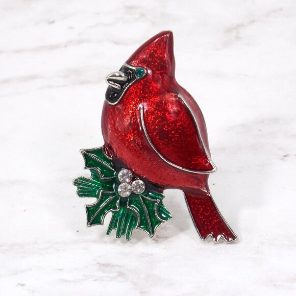 Red cardinal pin brooch with green leaves and crystals and green crystal eye - Picture 2 of 5